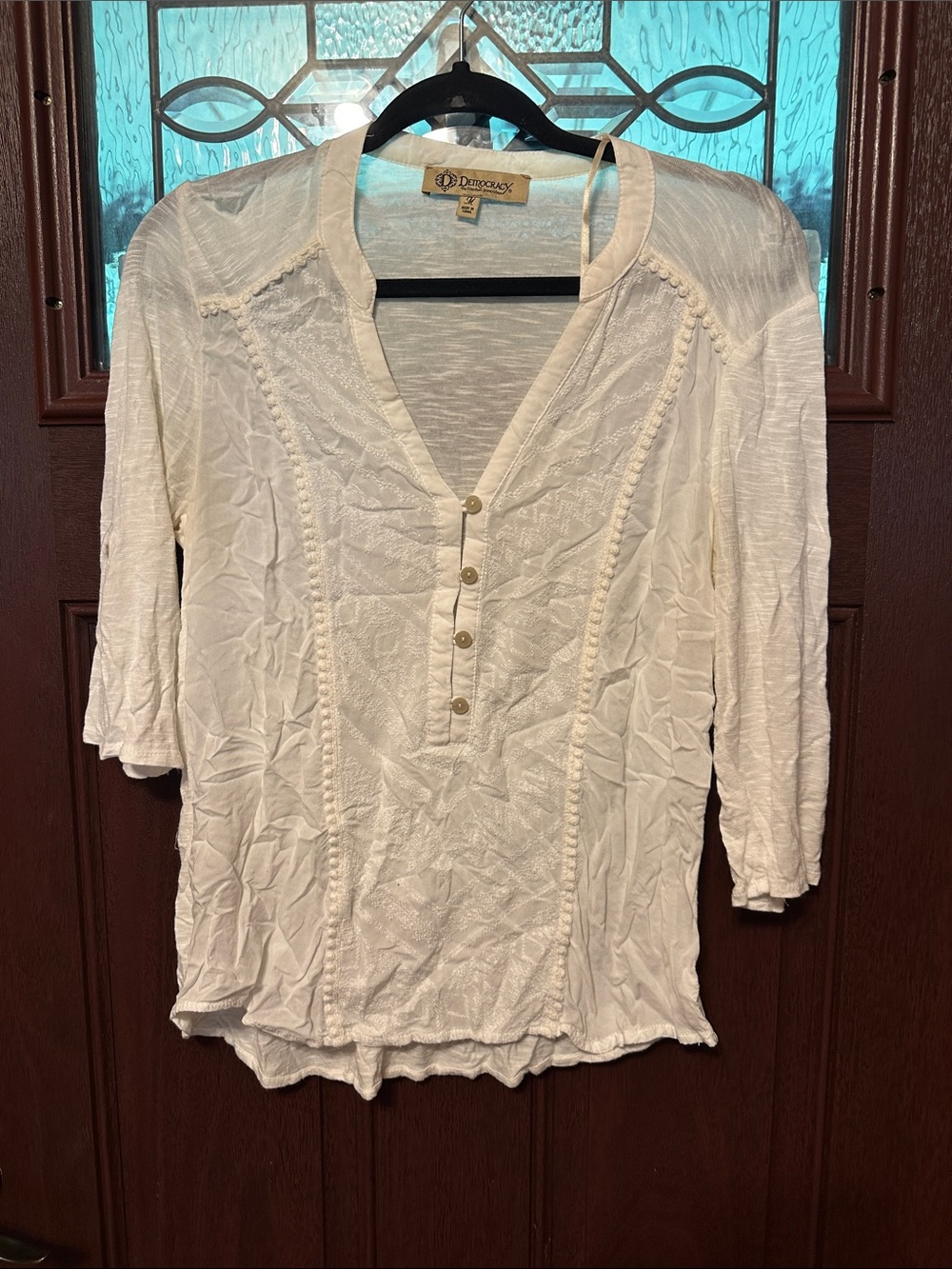 Democracy Cream Button-Front Crochet Trim Henley Top